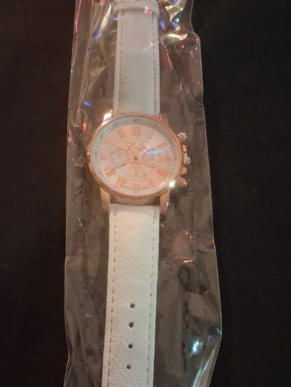 Geneva White Leather Strap Watch with Rose Gold Accents